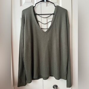Express Olive Waffle Knit V-Neck Blouse